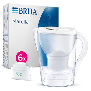 BRITA Wasserfilter Kanne Marella weiß (2,4l) inkl. 6x MAXTRA PRO All-in-1 Kartusche (Halbjahrespaket) – Wasserfilter reduziert Kalk, Chlor, Blei, Kupfer & geschmacksstörenden Stoffen im Leitungswasser im Sale